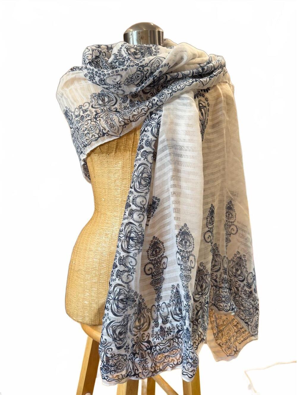 Blue & White Floral Paisley Scarf Wrap | 34 × 72” | New Old Stock